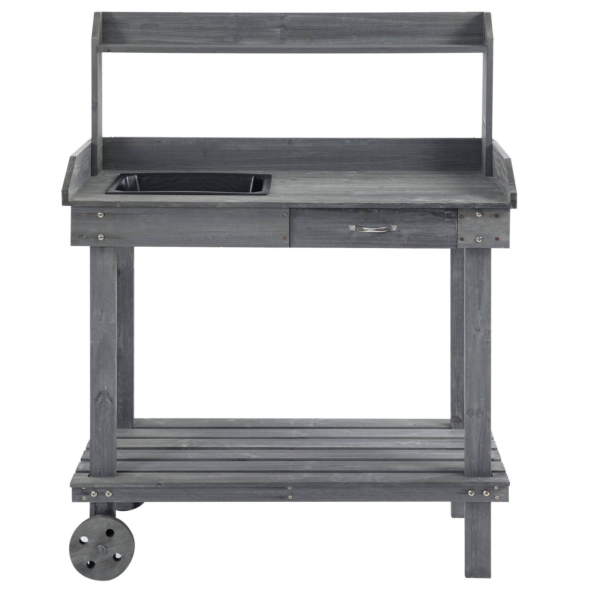 walmeck 36" x 18" x 47'' Wooden Potting Bench Work Table with 2 Removable Wheels & Large Storage Spaces - Grey