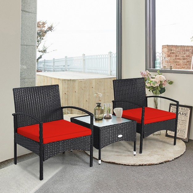 Tangkula 3 Pcs Patio Wicker Rattan Furniture Set Coffee Table amp 2 Rattan Chair W Cushion Red