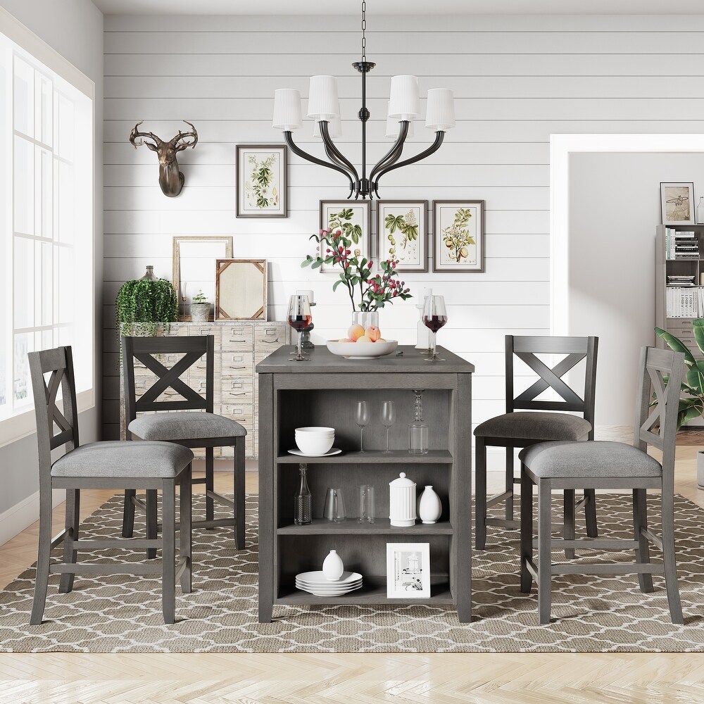 5 Pieces Counter Height Dining Room Wooden Bar Table Set with 4 Chairs