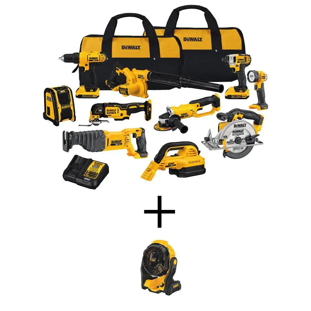 DEWALT 20V Max Cordless Combo Kit (10-Tool) and 20V MAX Jobsite Fan with (2) 20-Volt 2.0Ah Batteries Charger  Bag and DCK1020D2WCE512