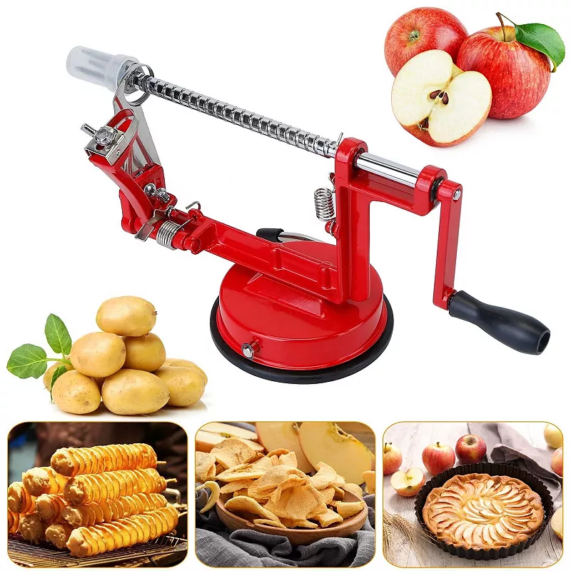 3-in-1 Stainless Steel Hand-cranking Apple Peeler Slicer - Red