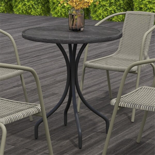 Outdoor Round Side Table with Steel Frame and Slat Tabletop