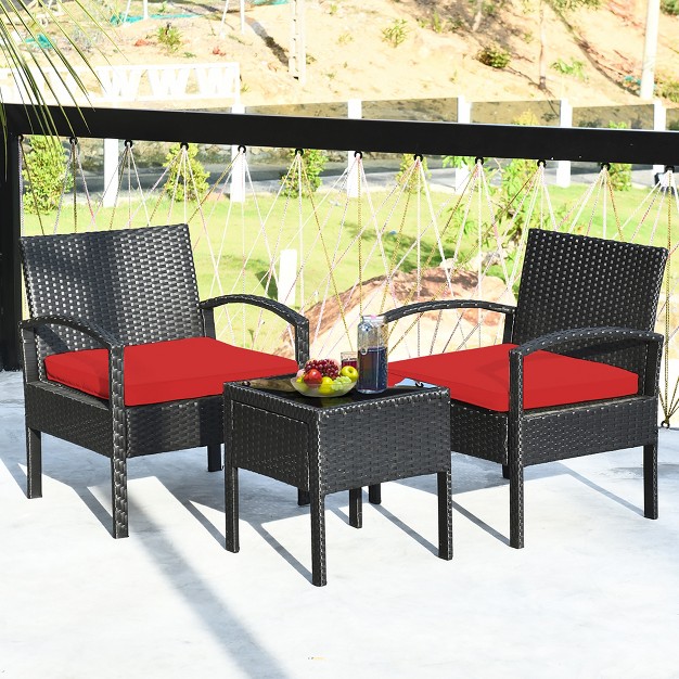 Costway 3pc Patio Rattan Furniture Set Coffee Table Conversation Sofa Cushioned