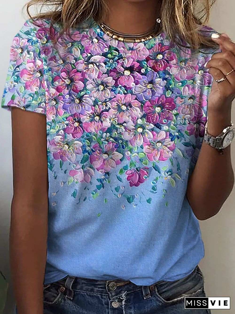 Floral Crew Neck Casual Short sleeve T-Shirt