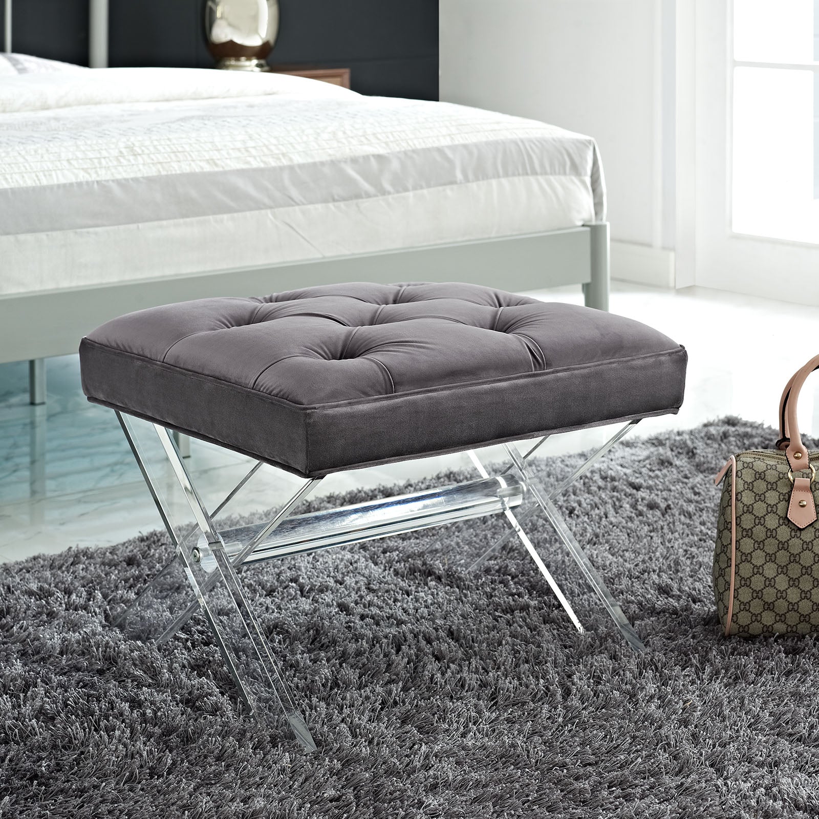 Modern Contemporary Urban Design Bedroom Living Room Bench, Grey Gray, Fabric Plastic