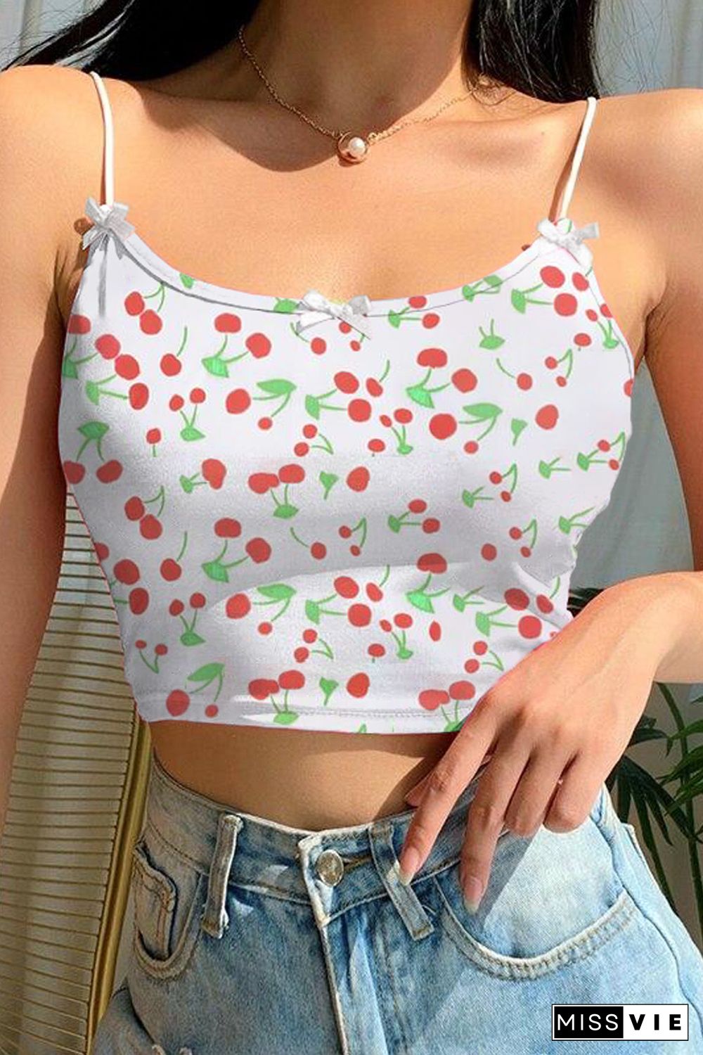 Cherry Print Crop Spaghetti Straps Camisole