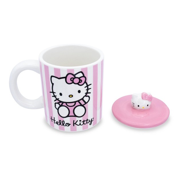 Silver Buffalo Sanrio Hello Kitty Pink Stripes Ceramic Mug With Lid Holds 18 Ounces