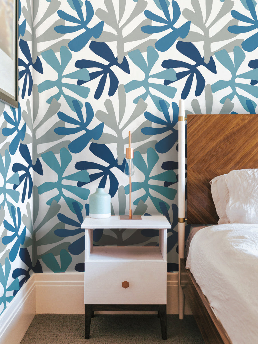 Kinetic Tropical Peel & Stick Wallpaper in Blue and Grey from the Risky Business III Collection