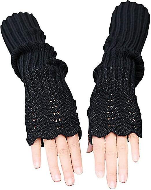 Women's Scale Design Winter Warm Knitted Long Arm Warmers Gloves2setgray + Black