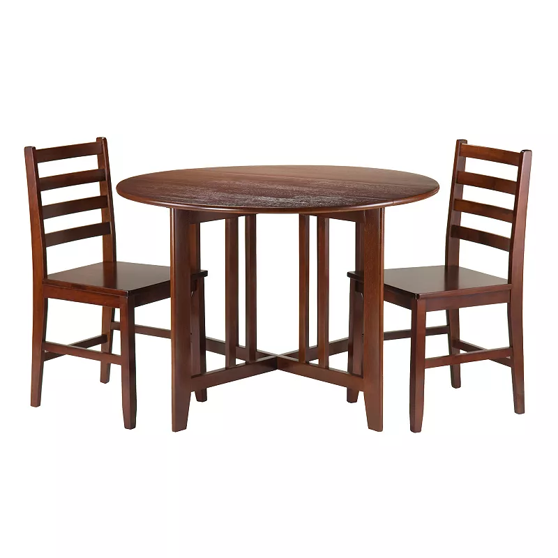 Set of 3 Walnut Finish Solid Wood Round Drop Leaf Table with 2 Ladder Back Chairs Set 42”