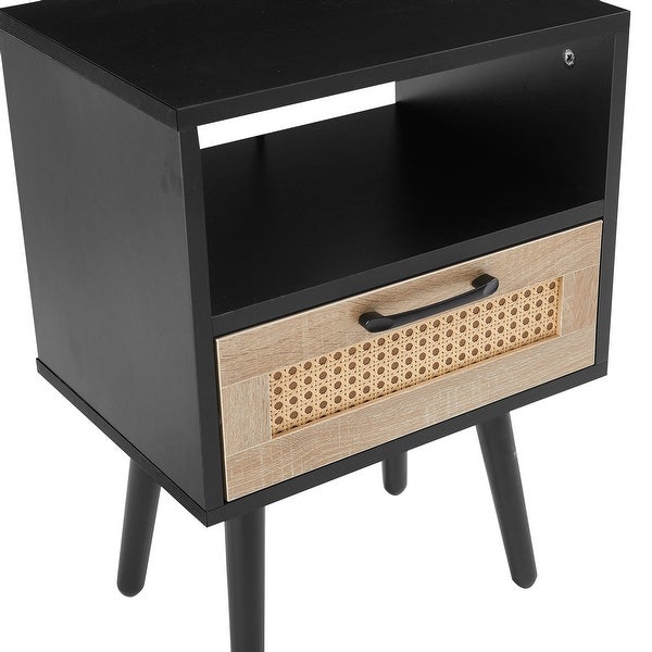 Modern Rattan Side table/Nightstand with 1 Shelf，1 drawer and 4 Solid Wood Legs