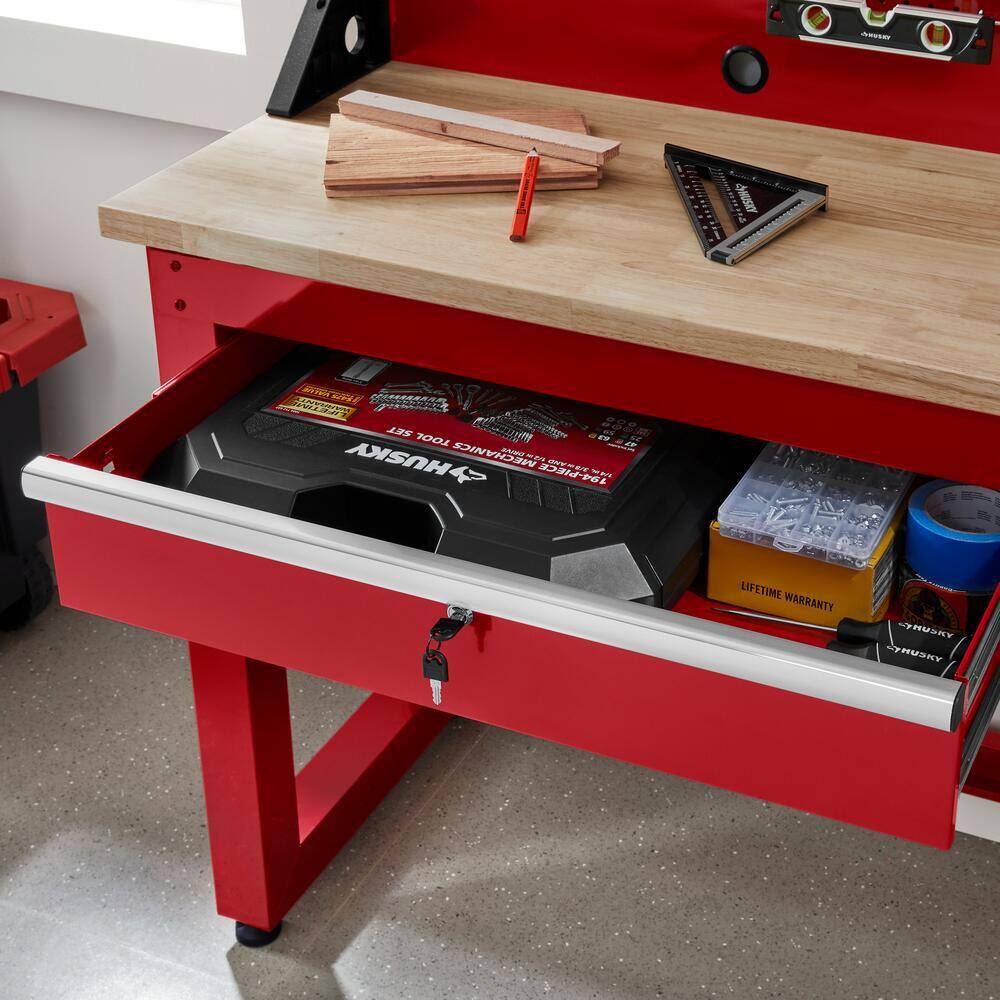 Husky Ready-To-Assemble 6 ft. Solid Wood Top Workbench in Red with Pegboard and 2 Drawers G7202SR-US