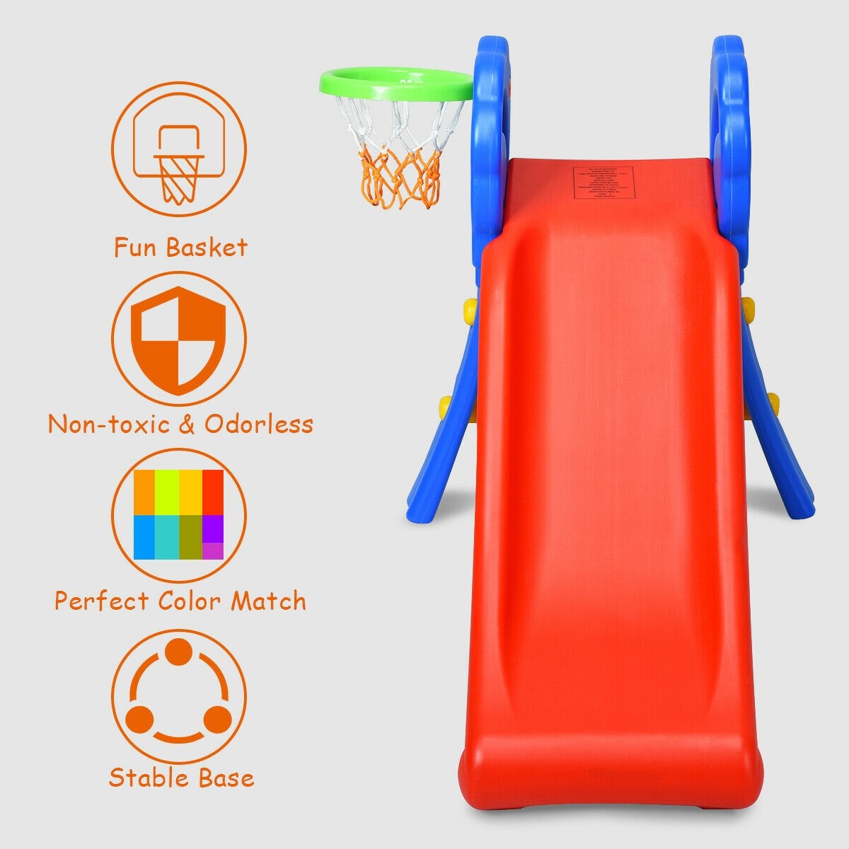 Baby Joy Folding Slide, Plastic Play Slide Climber Kids (Floral Rail +Basketball Hoop)