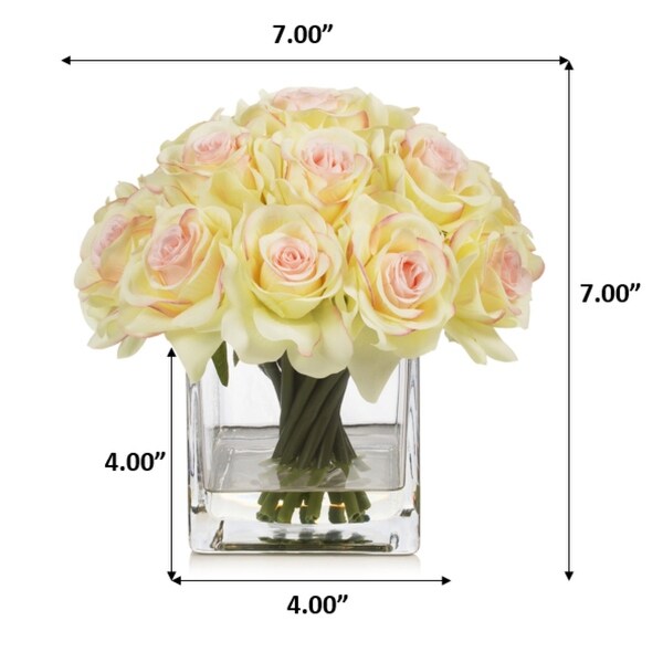 Enova Home Artificial Silk Rose Flowers in Cube Glass Vase with Faux Water for Home Office Decoration