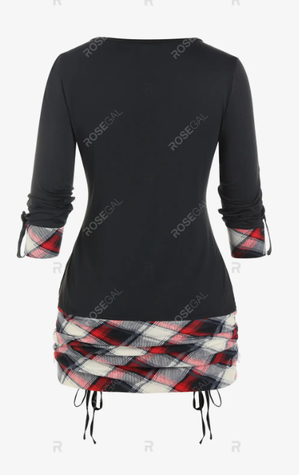 Plus Size Grommets 2 in 1 Plaid Cinched Plaid T-shirt and Ripped Jeans Outfit