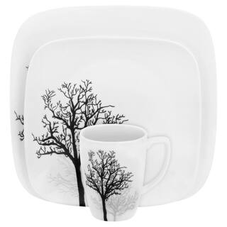 Corelle Square 16-Piece Seasonal Black Trees Glass Dinnerware Set (Service for 4) 1119417