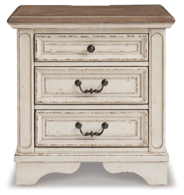 Signature Design by Ashley Realyn French Country 3 Drawer Nightstand with Electrical Outlets & USB Ports, Chipped White