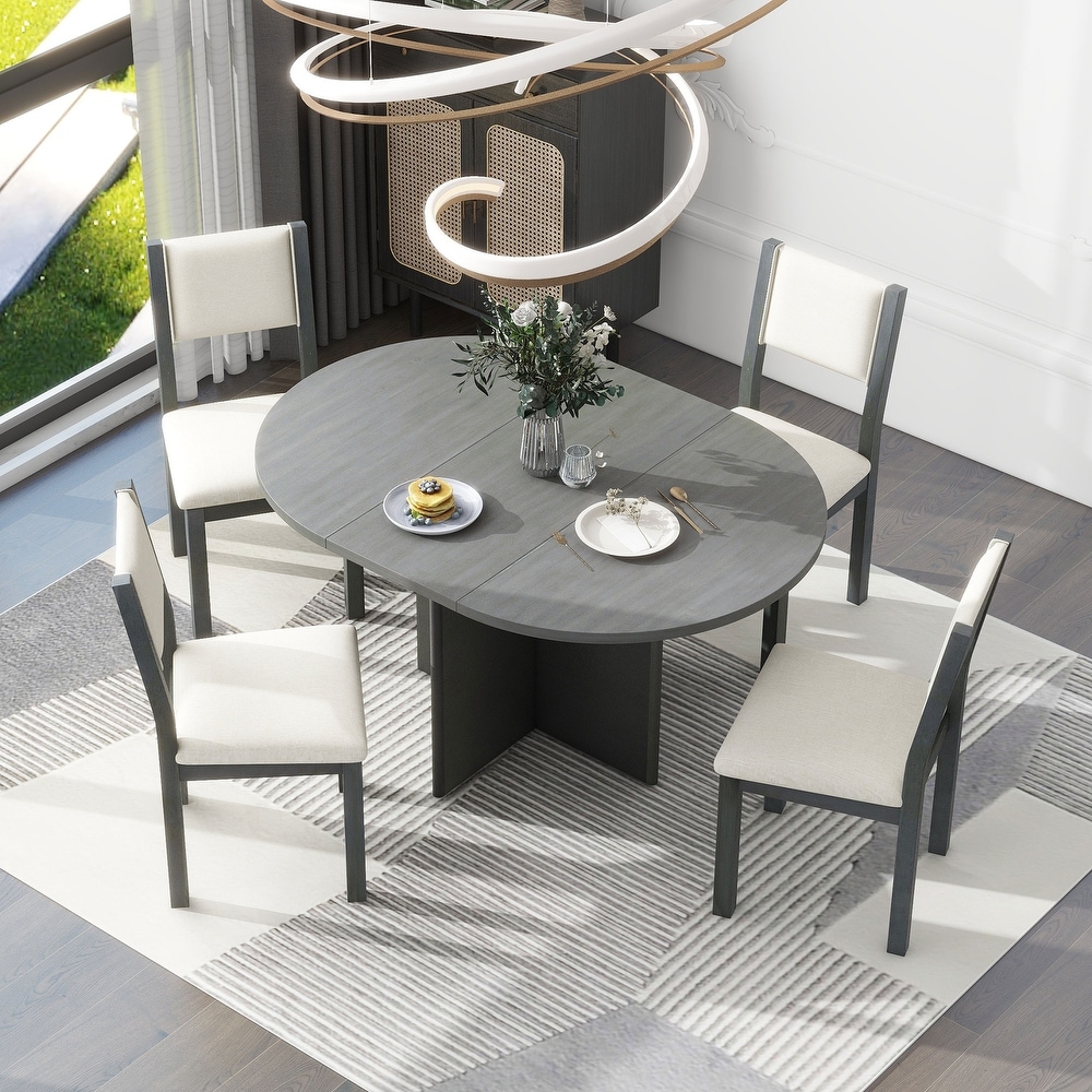 Retro 5 Piece Functional Dining Set with Oval Extendable Dining Table and Upholstered Dining Chairs for Dining Room  Gray