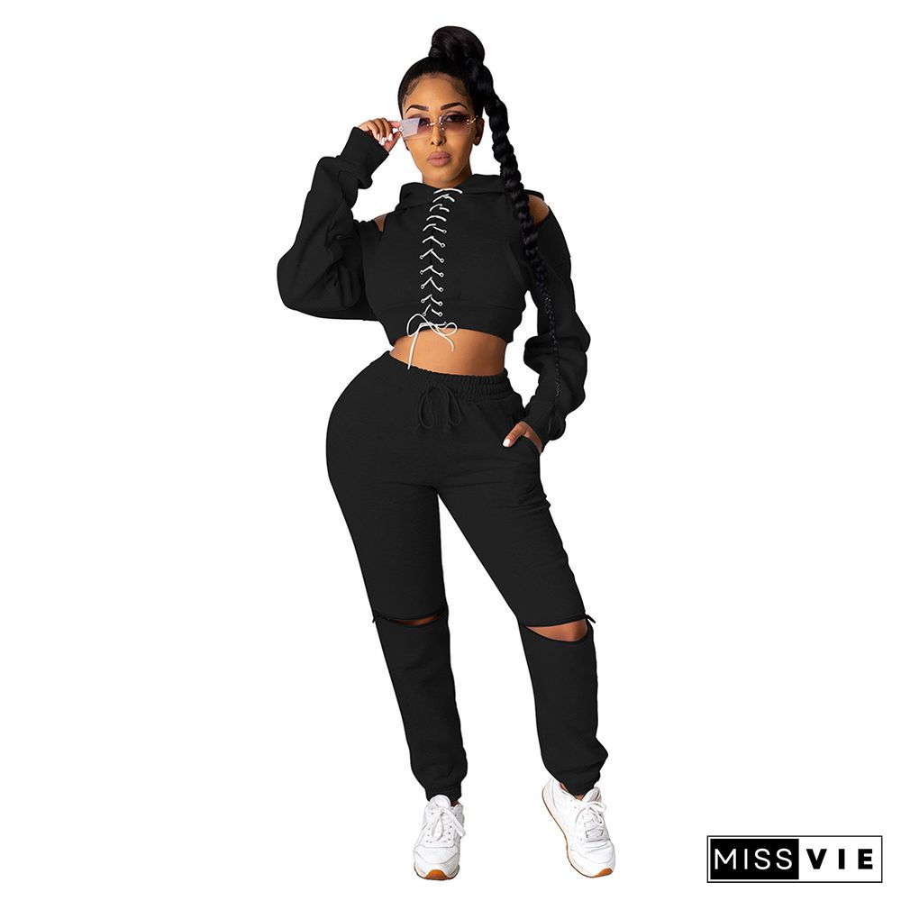 Cross Bandage Hooded Crop Top Hole Pants Outfits