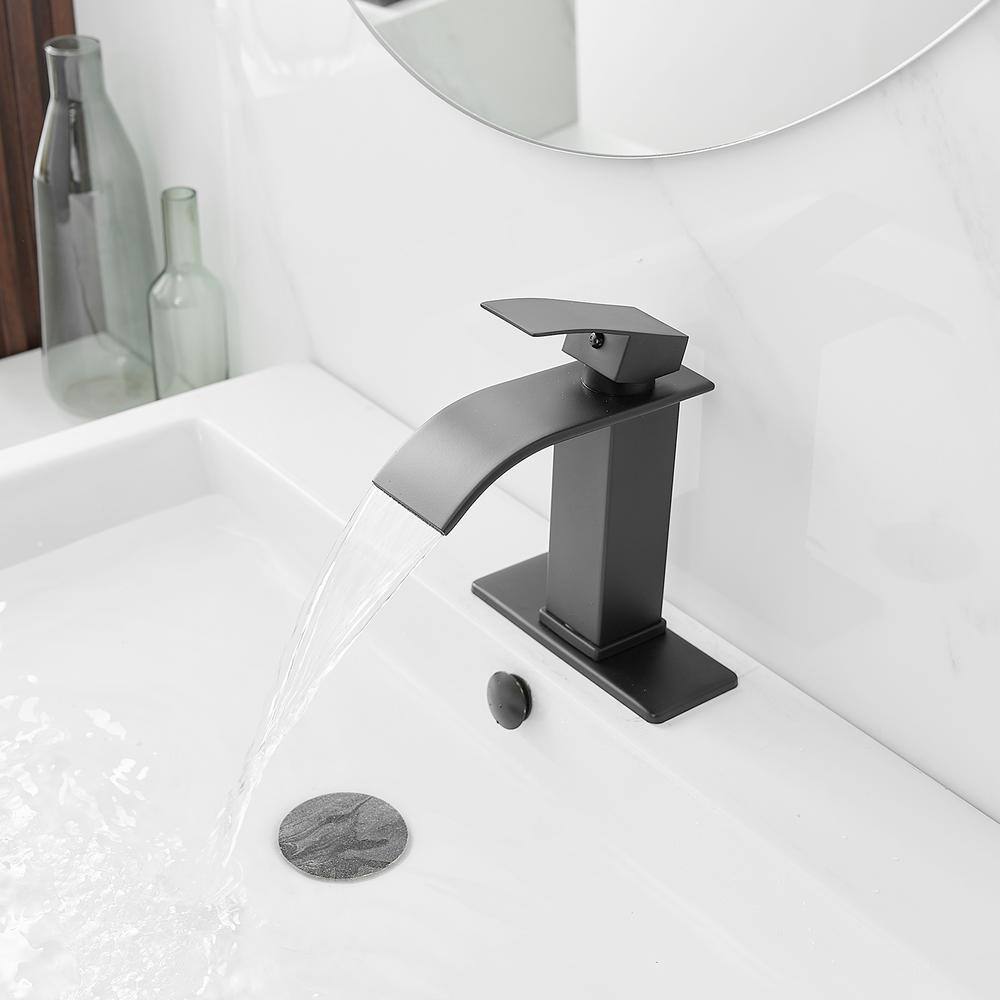 BWE Waterfall Single Handle Single Hole Low-Arc Bathroom Faucet Bathroom Drip-Free Vanity Sink Faucet in Matte Black A-96021B-SS