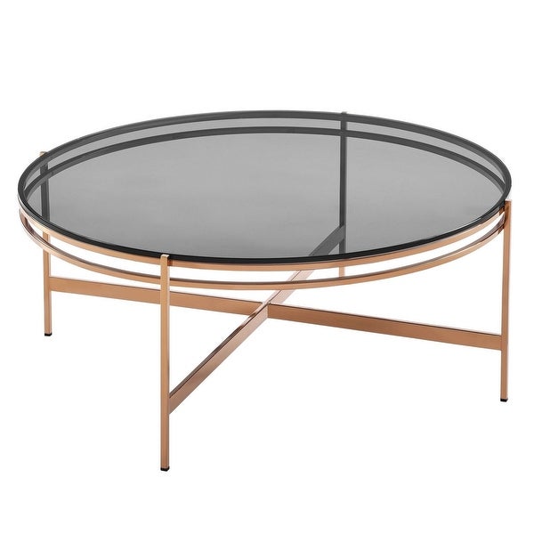 Cid 35 Inch Modern Coffee Table， Black Smoked Glass Top， Rose Gold Legs