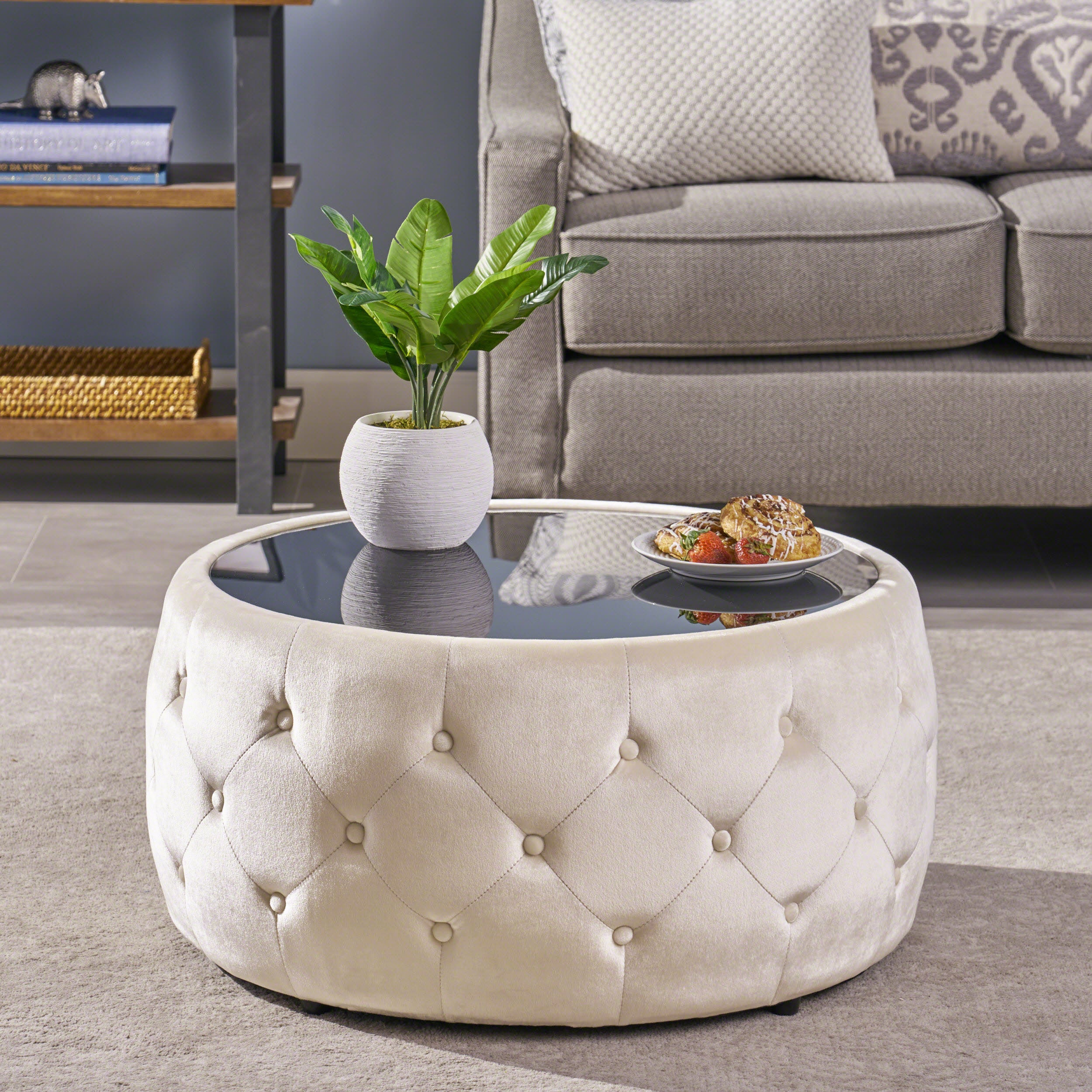 Ivy Glam Velvet and Tempered Glass Coffee Table Ottoman