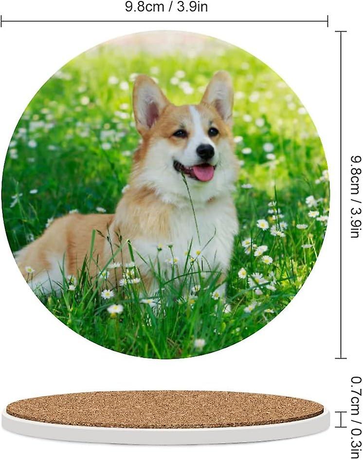 2pcs Round Pembroke Welsh Corgi On Green Grass Ceramic Coasters With Cork-backed For Coffee Drink Cup Mat Absorbent Stone Coasters