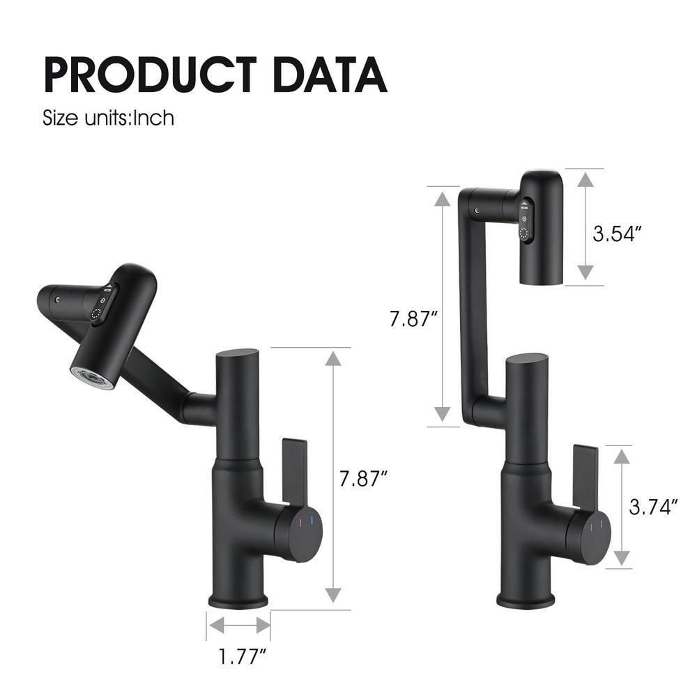 Single-Handle 1-Hole Bathroom Sink Faucet w3-Spray Functions  Temperature Display 360-Degree Rotary Arm in Matte Black EC-W121765120