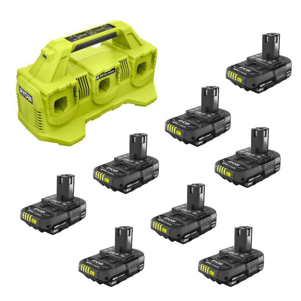 RYOBI ONE+ 18V Lithium-Ion 2.0 Ah Compact Battery (8-Pack) with 6-Port Charger PBP2006-PBP2006-PBP2006-PBP2006-PCG006