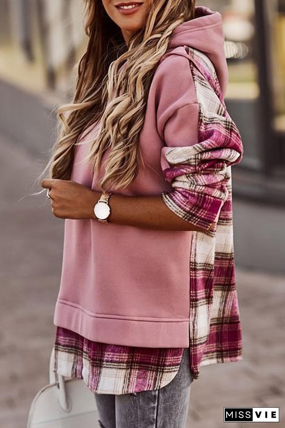 KarliDress Trendy Plaid Patchwork Hooded Sweatshirt P12854