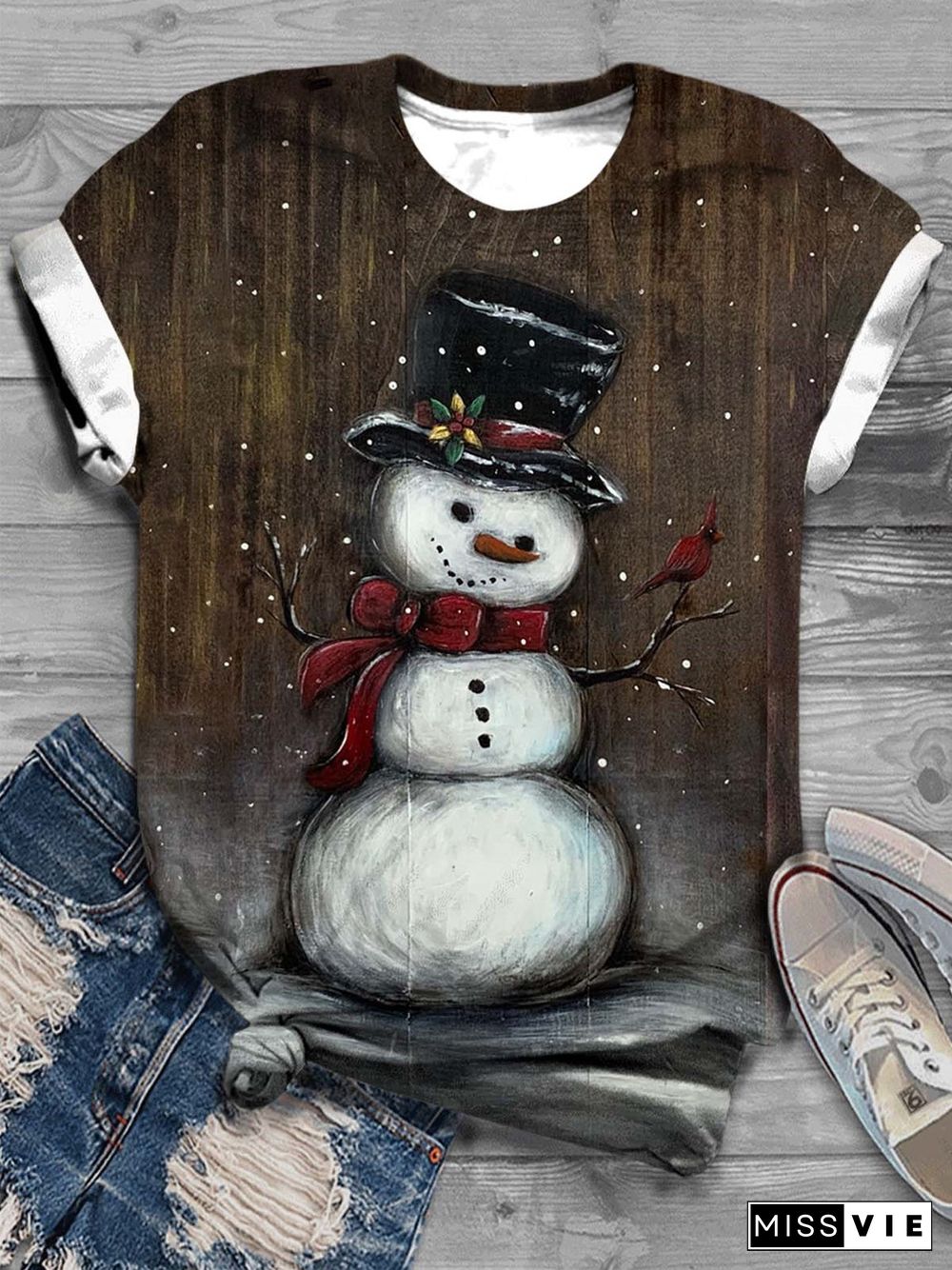 Women's Retro Snowman Print Crew Neck T-Shirt