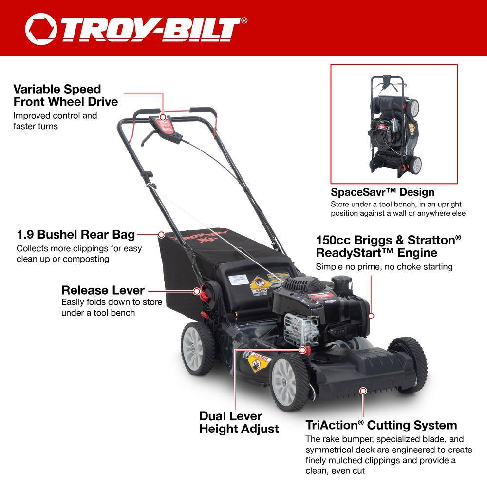 Troy-Bilt XP 21 in. 150 cc Vertical Storage Briggs and Stratton ReadyStart Series Gas Engine 3-in-1 FWD Self Propelled Lawn Mower TB220B XP Space Savr