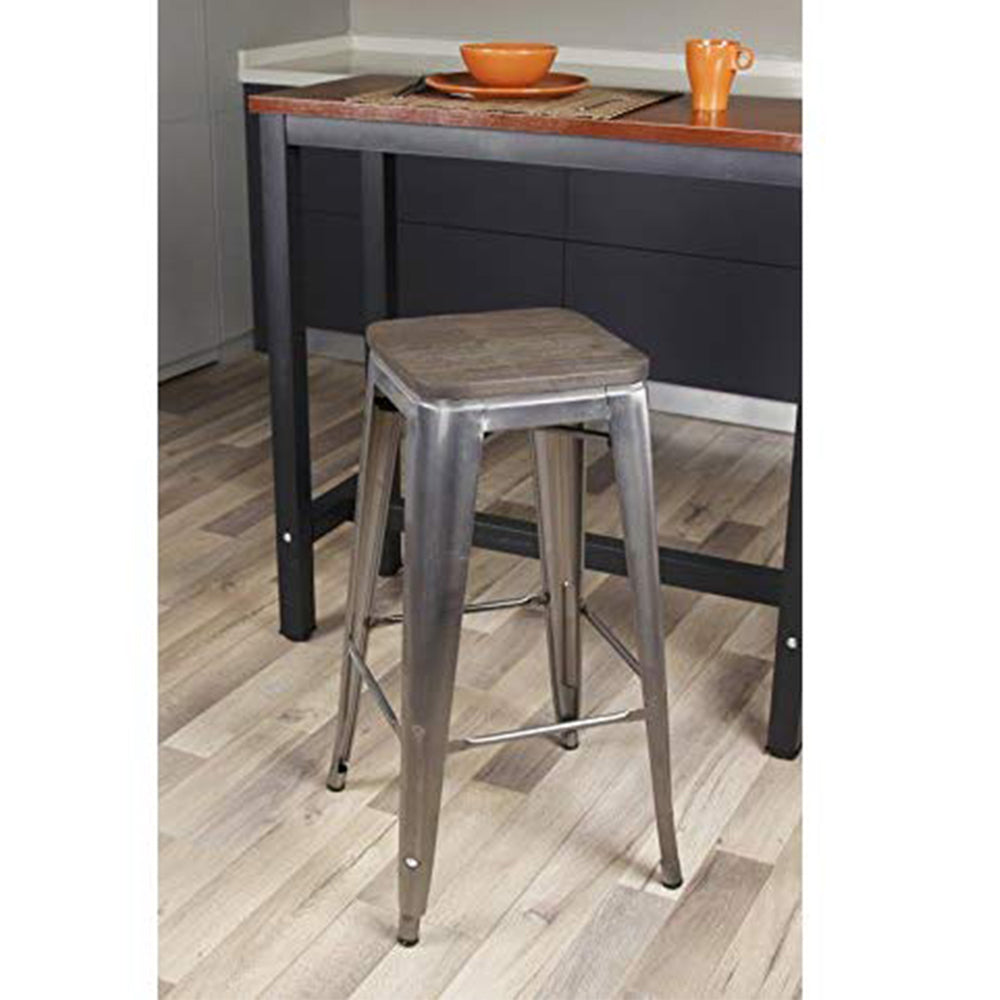 GIA Design Group 30 Inch Bar Height Backless Metal Stool with Dark Wood Seat， Gunmetal