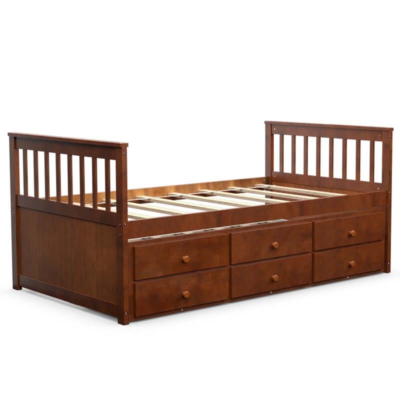 Twin Captain's Bed with Trundle Bed, Storage Daybed with 3 Drawers, Wooden Platform Bed for Kids Guests Sleepovers