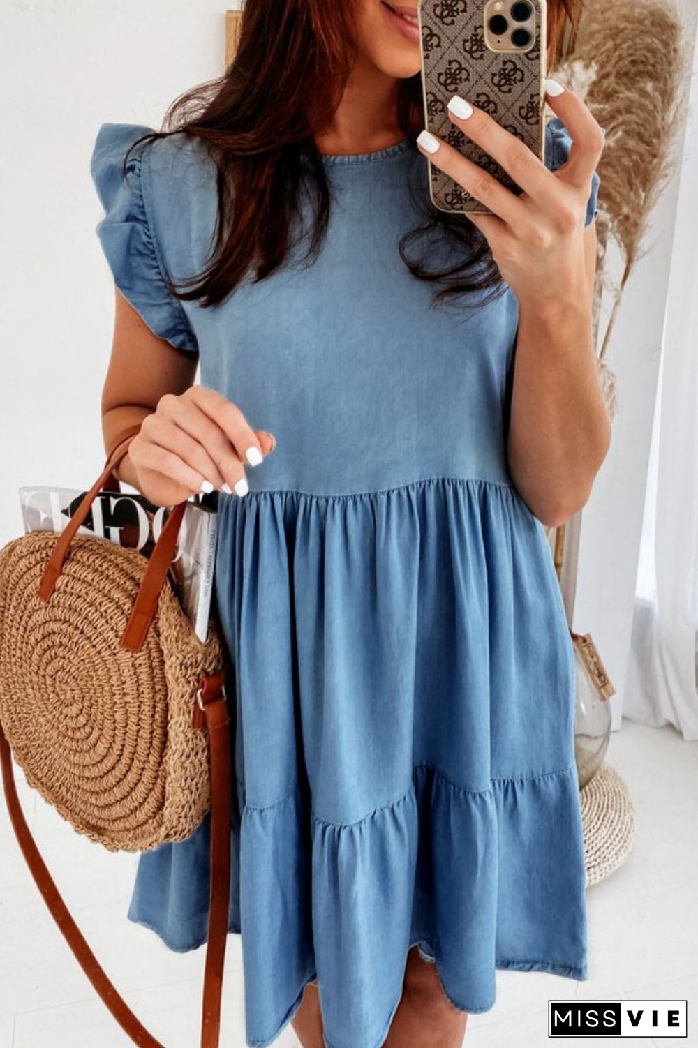 The cowboy blue Casual Solid Patchwork O Neck Sleeveless Regular Denim Dresses