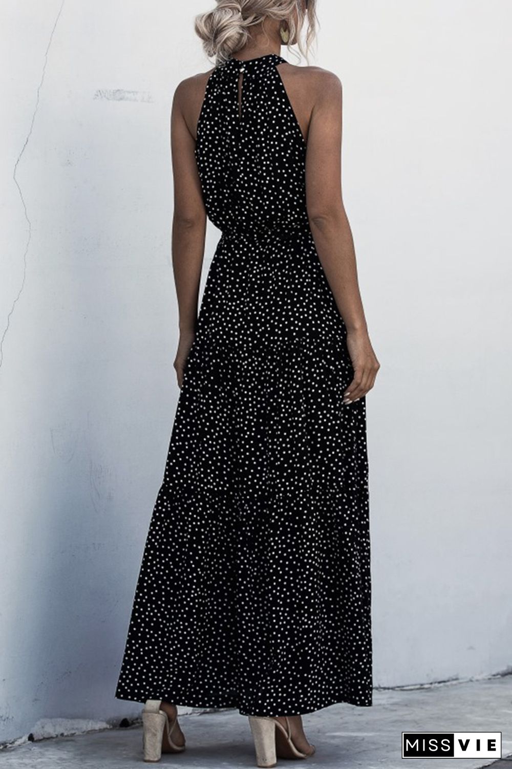 Halter Polka Dot Print Tie Waist Maxi Dress Wholesale