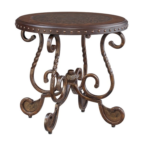 Round End Table With Nailhead Accented Top and Scrolled Base， Brown - 24.88 H x 26.63 W x 26.63 L Inches