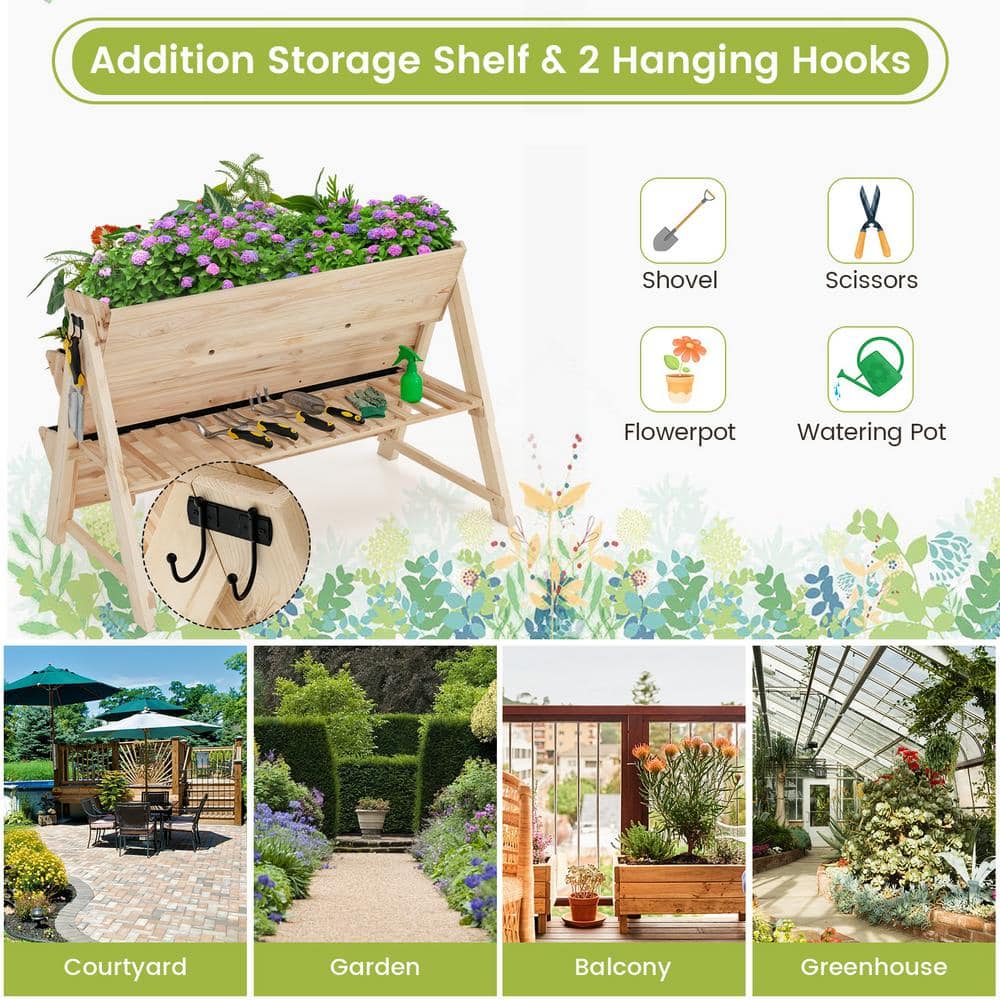 HONEY JOY 3-Tier Vertical Garden Bed Wooden Elevated Planter Bed W/Legs Storage Shelf 2 Hooks Raised Bed Kit TOPB006558