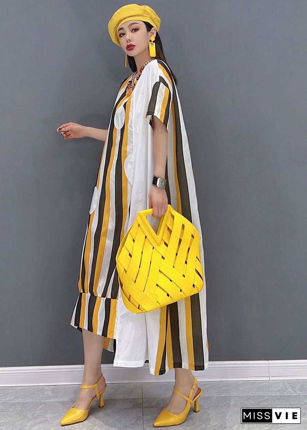 Chic Yellow Asymmetrical Striped Print Patchwork Cotton Maxi Dresses Short Sleeve