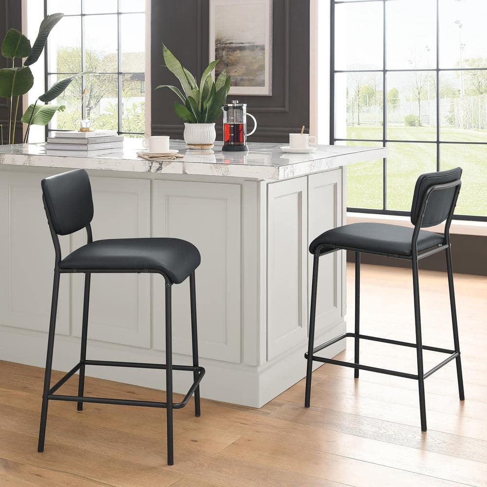 34.50 in. Black Low Back Metal Bar Stools, Dining Chair Counter Stools with Footrest and Faux Leather Seat (Set of 2) HY02011Y