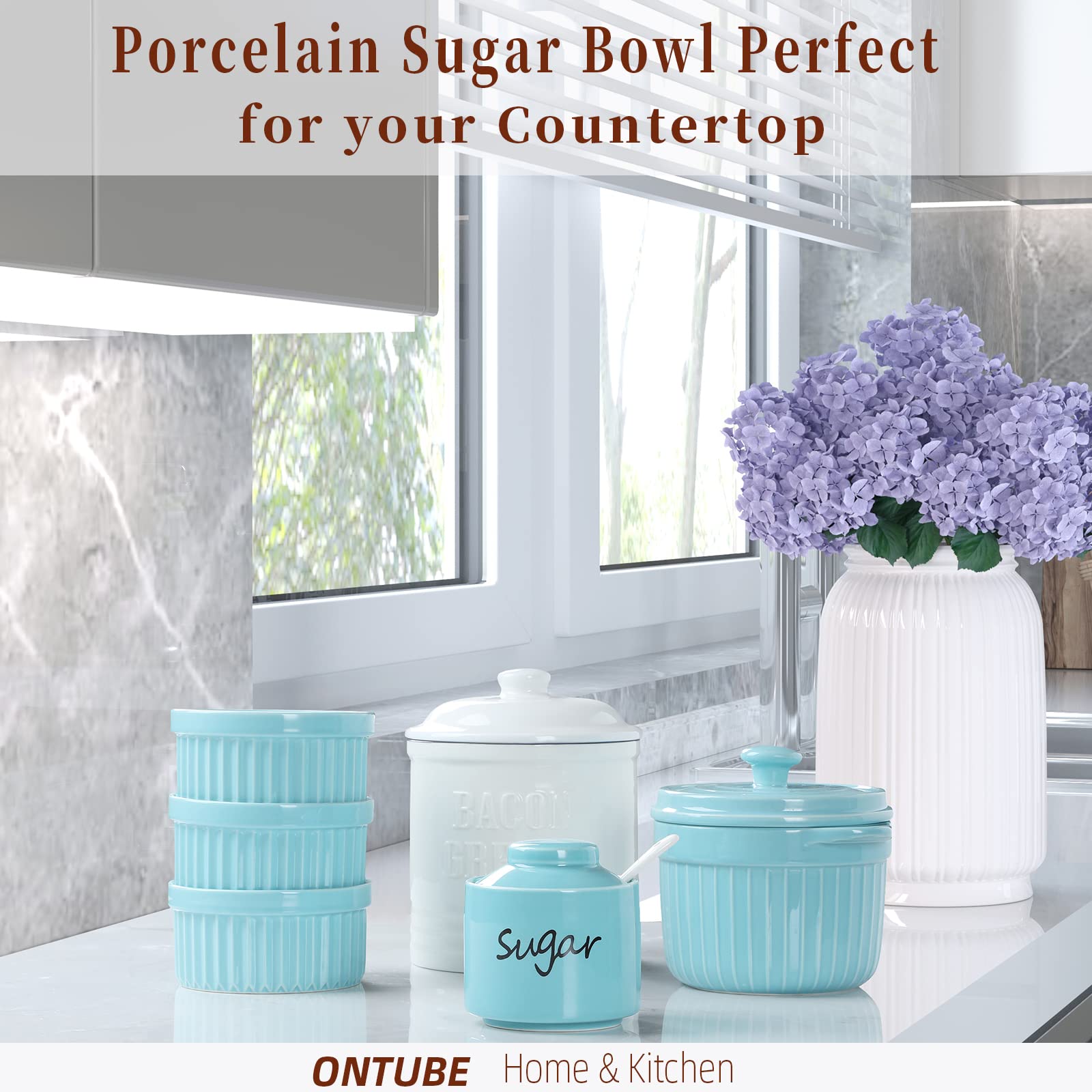 Ceramic Sugar Bowl with Lid and Spoon，Porcelain Sugar Pot，8oz (Turquoise)