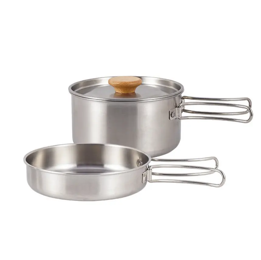 Outdoor mountaineering 304 stainless steel folding handle pot camping portable frying pan soup pot family picnic pot set