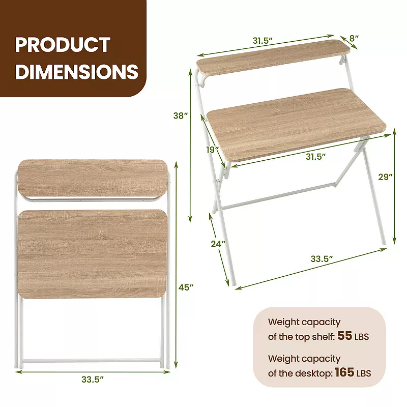 2-Tier Folding Computer Desk Laptop Table No Assembly Required for Home Office