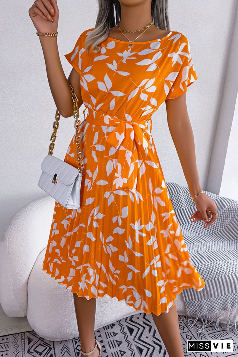 Leaf Print Pleated Midi Dress With Sash