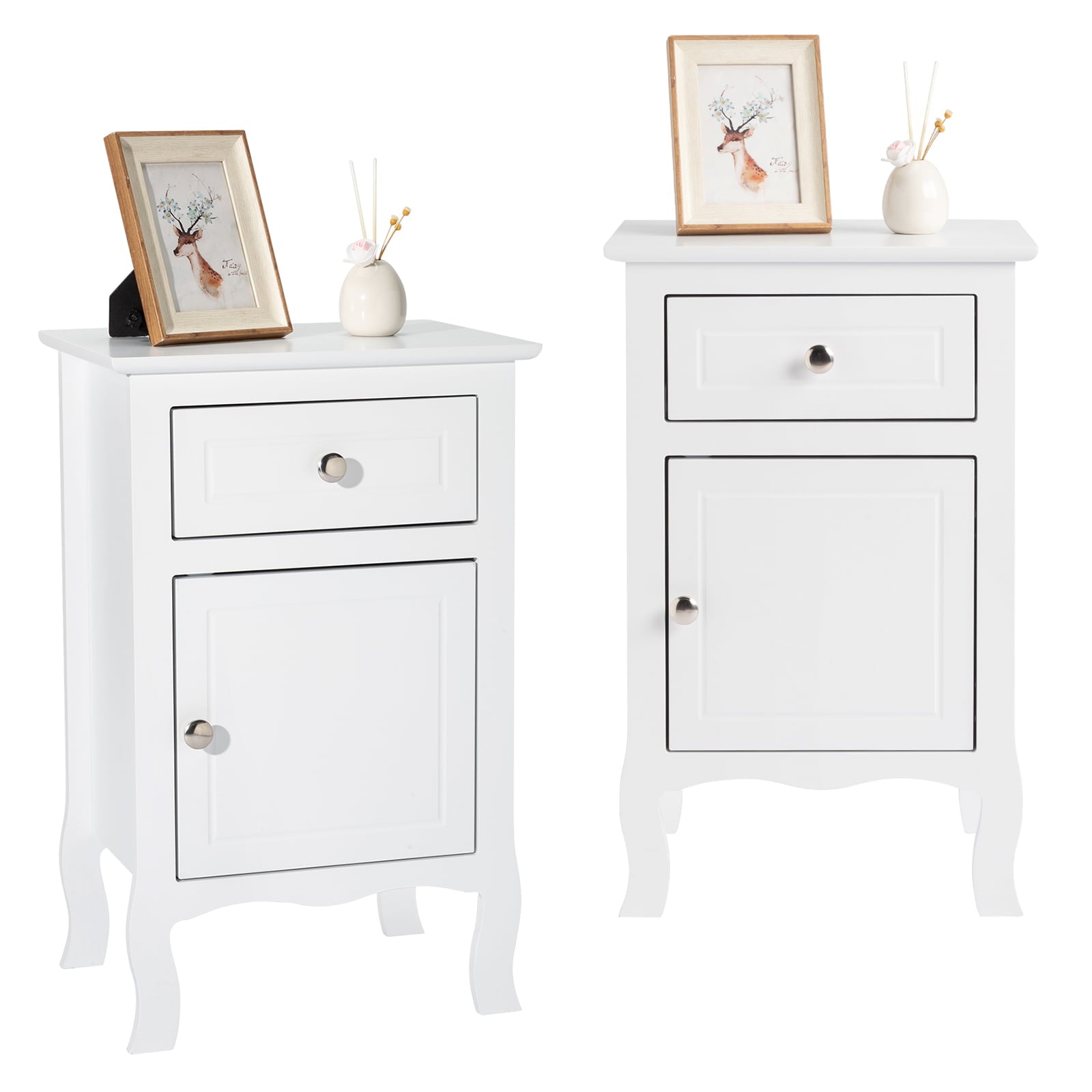 Set of 2 End Tables for Bedroom, CASEMIOL Nightstand with Storage Drawer and Single-Door Cabinet, Modern Bedside Table for Living Room , White Wooden Sofa Table Bedroom Furniture Set