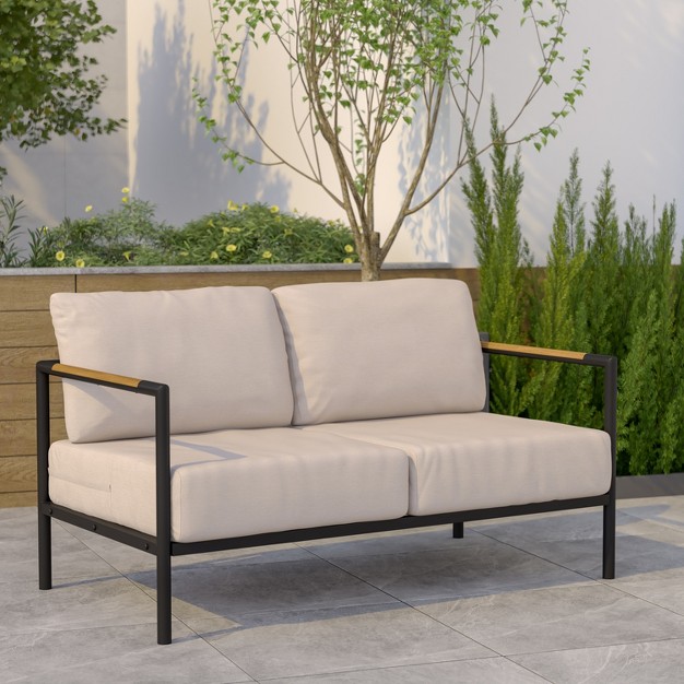 Emma And Oliver Aluminum Frame Loveseat With Teak Arm Accents And Plush Cushions