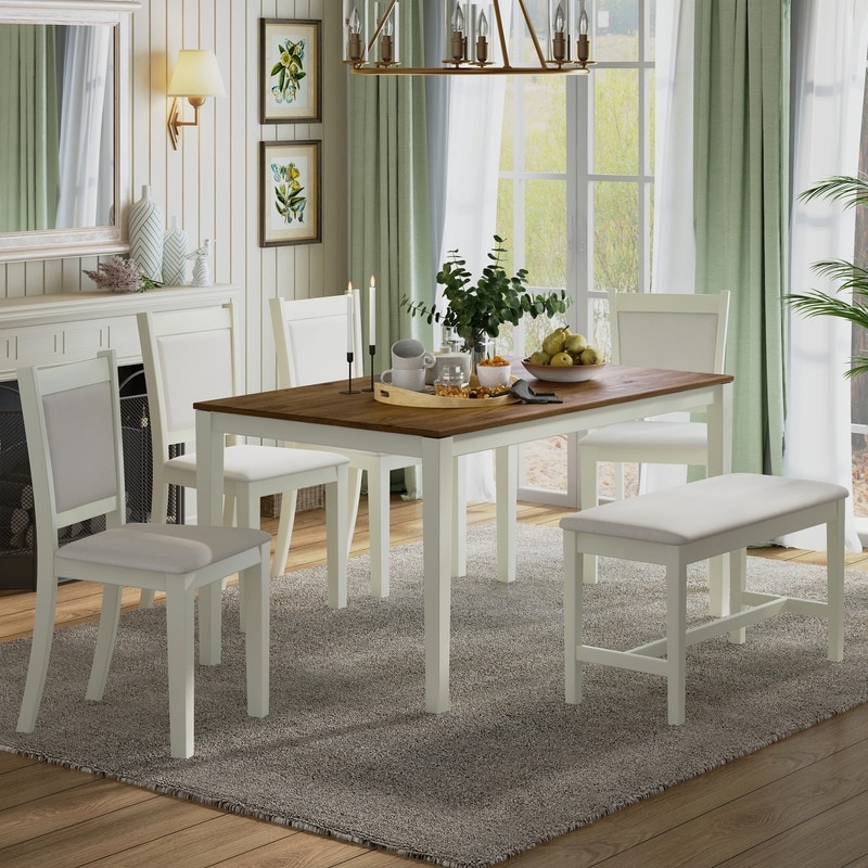 Rustic Solid Wood Dining Table Set Kitchen Table Set with Rectangular Table  4 Upholstered Chairs and Bench