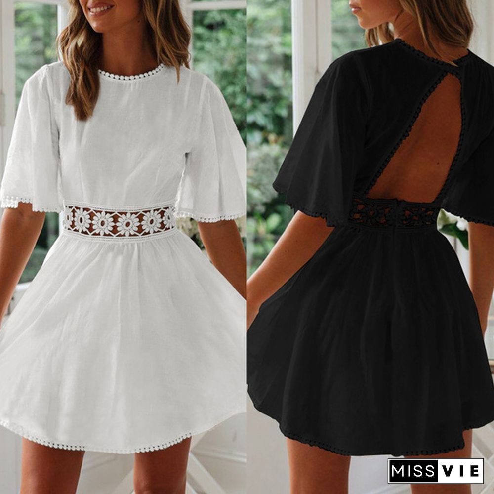 Summer Women Short Sleeve Mini Dress Lace Stitching Backless Party Casual Pleated A Line Dress Plus Size