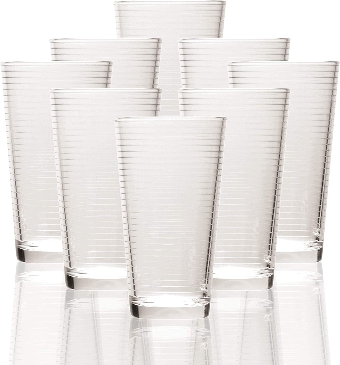 Circleware 40165 Hoop Highball Tumbler Drinking Glasses， Set of 8， Kitchen Entertainment Heavy Ice Tea Beverage Cups Glassware for Water， Beer， Juice， Bar Liquor Farmhouse Decor， 15.7 oz， Clear