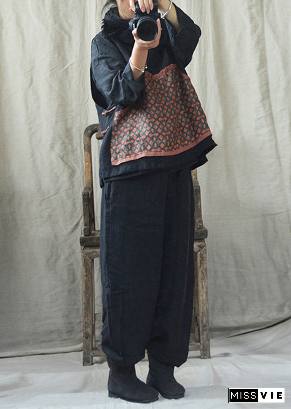 Casual Black O-Neck Print Linen Waistcoat And Pants Two Pieces Set Fall